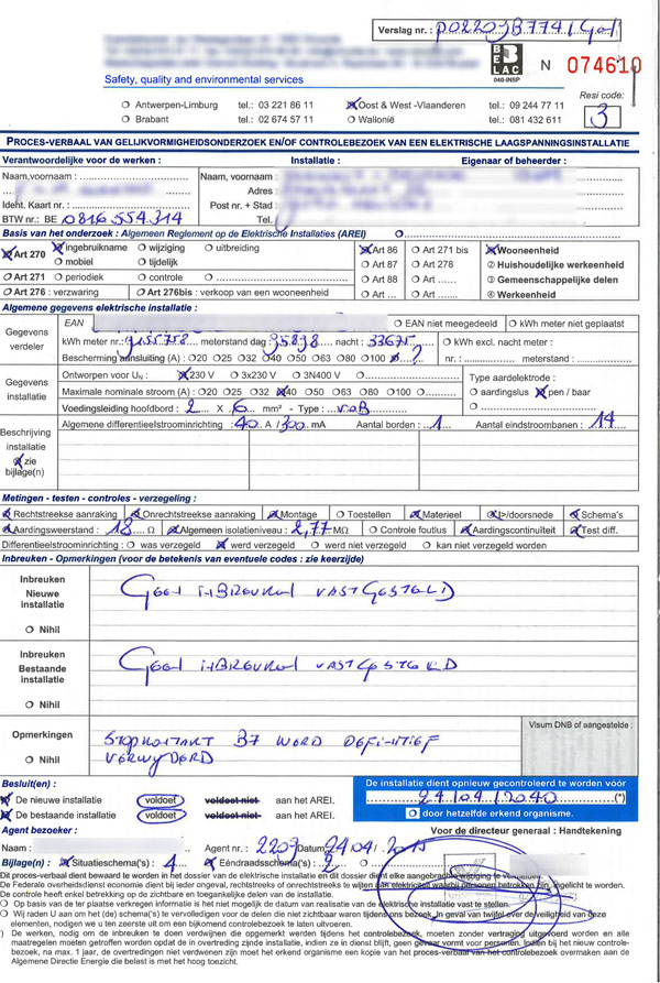 Voorbeeld van een elektrisch keuringsattest