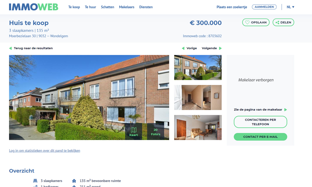 Een zoekertje van een vergelijkbare woning op immoweb om de prijs te schatten