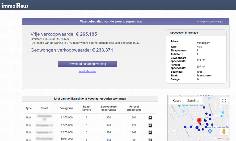 Een schatting met immoreus dat zich baseert op de staat van je woning en historische vastgoedtransacties.