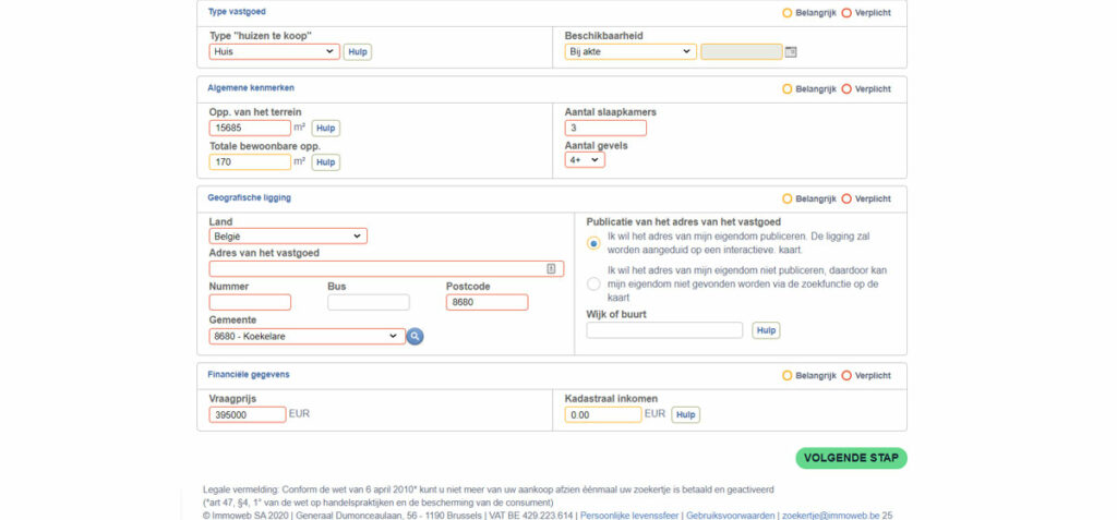 Basisgegevens invullen van een zoekertje in Immoweb