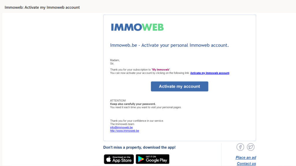 Bevestigingsmail bij het aanmaken van een immoweb account